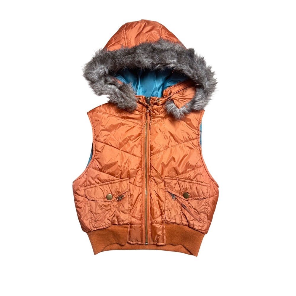 Miss Lili Burnt Orange Quilted Puffer Vest Faux Fur Hood